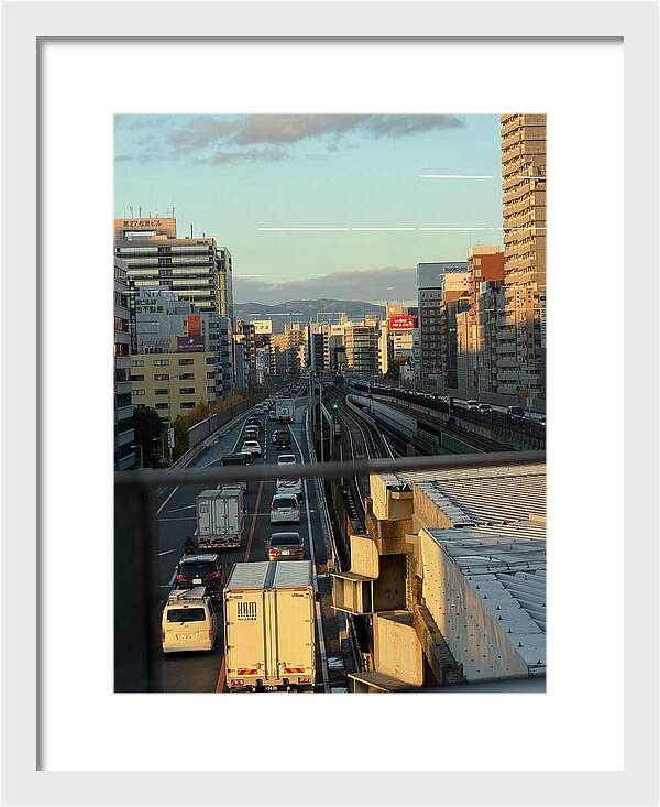 Urban Sunset Over Railway and Traffic - Framed Print