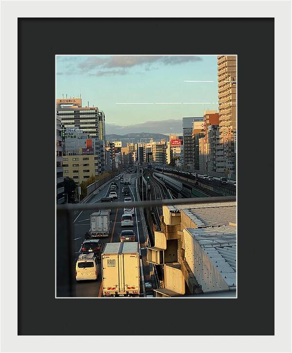Urban Sunset Over Railway and Traffic - Framed Print