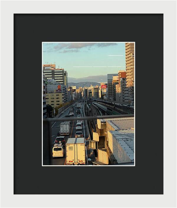 Urban Sunset Over Railway and Traffic - Framed Print