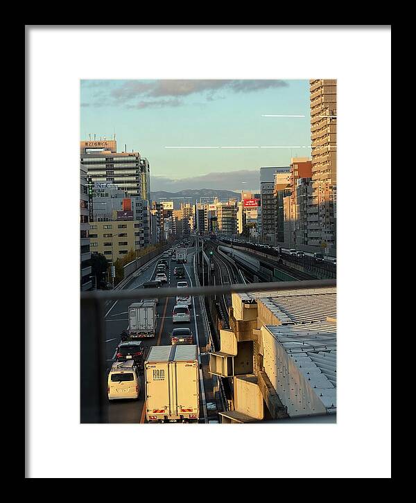 Urban Sunset Over Railway and Traffic - Framed Print