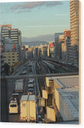 Urban Sunset Over Railway and Traffic - Wood Print
