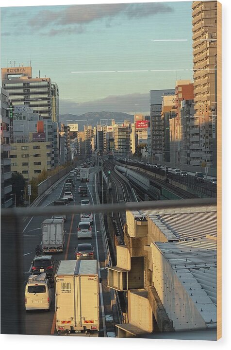 Urban Sunset Over Railway and Traffic - Wood Print