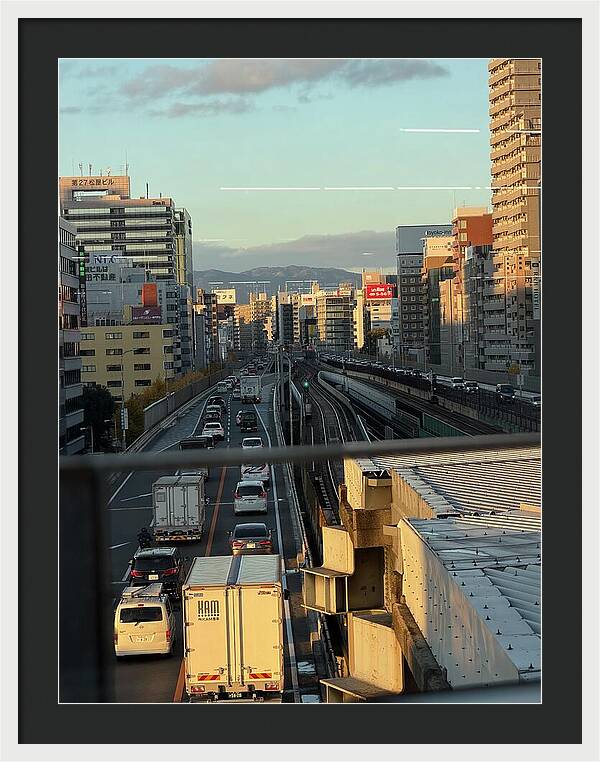 Urban Sunset Over Railway and Traffic - Framed Print