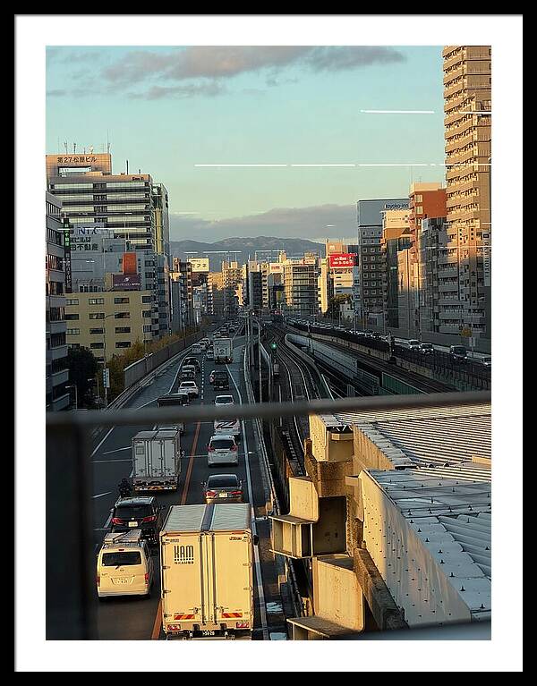 Urban Sunset Over Railway and Traffic - Framed Print