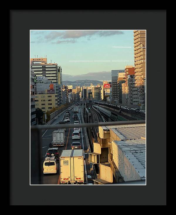 Urban Sunset Over Railway and Traffic - Framed Print
