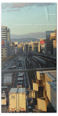 Urban Sunset Over Railway and Traffic - Beach Towel