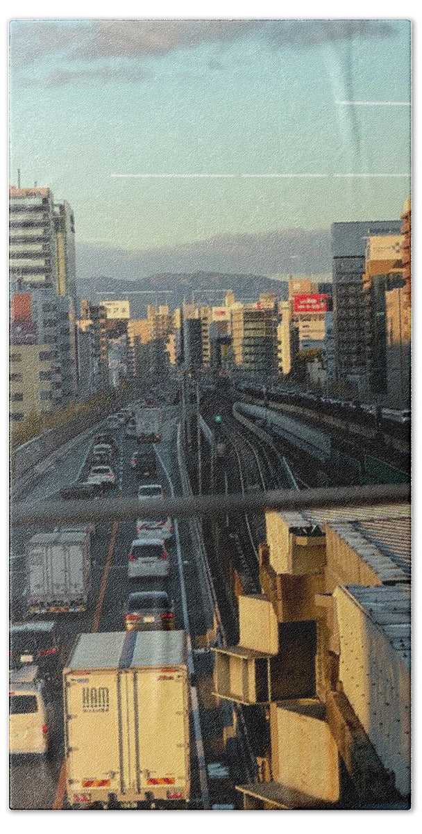Urban Sunset Over Railway and Traffic - Beach Towel