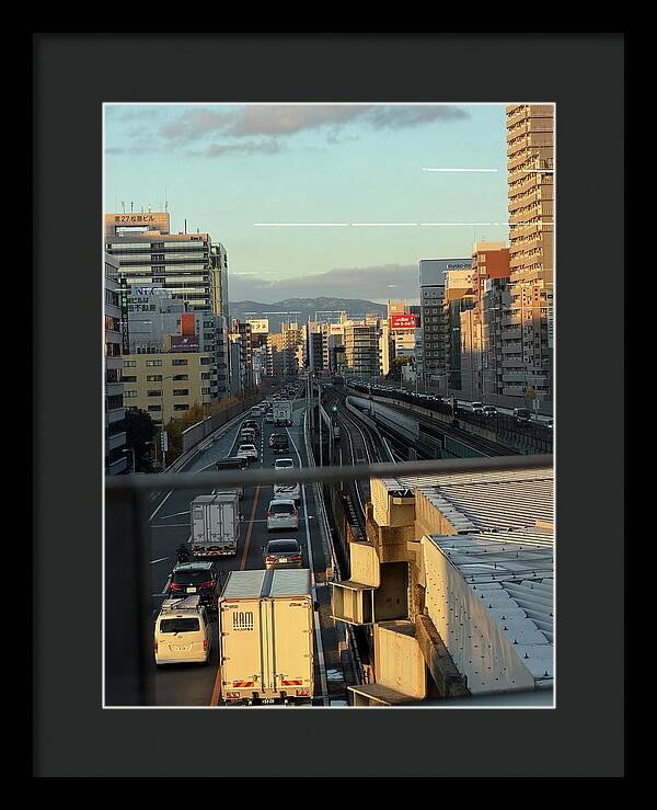 Urban Sunset Over Railway and Traffic - Framed Print