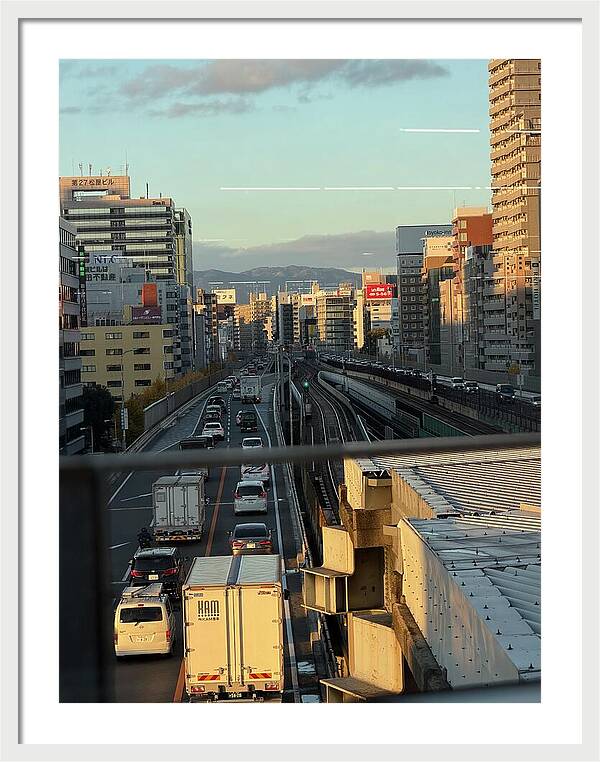 Urban Sunset Over Railway and Traffic - Framed Print