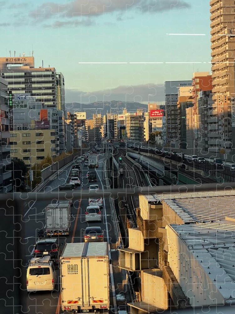Urban Sunset Over Railway and Traffic - Puzzle