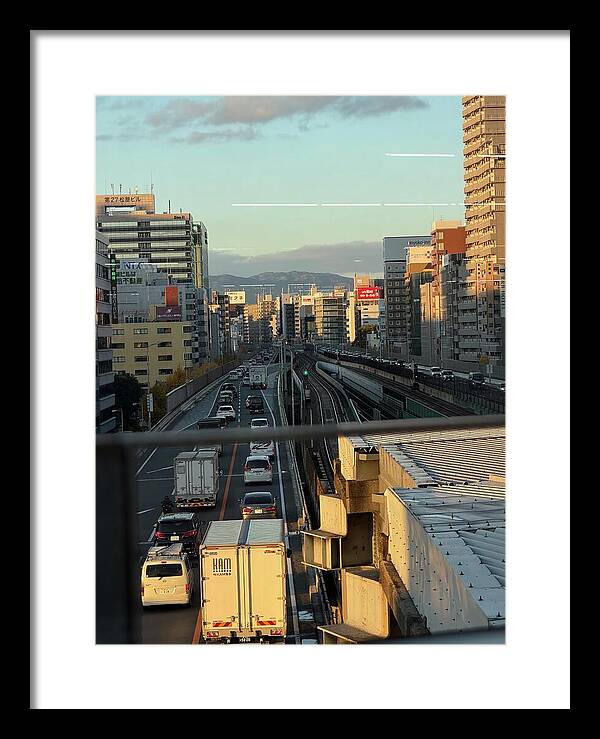 Urban Sunset Over Railway and Traffic - Framed Print