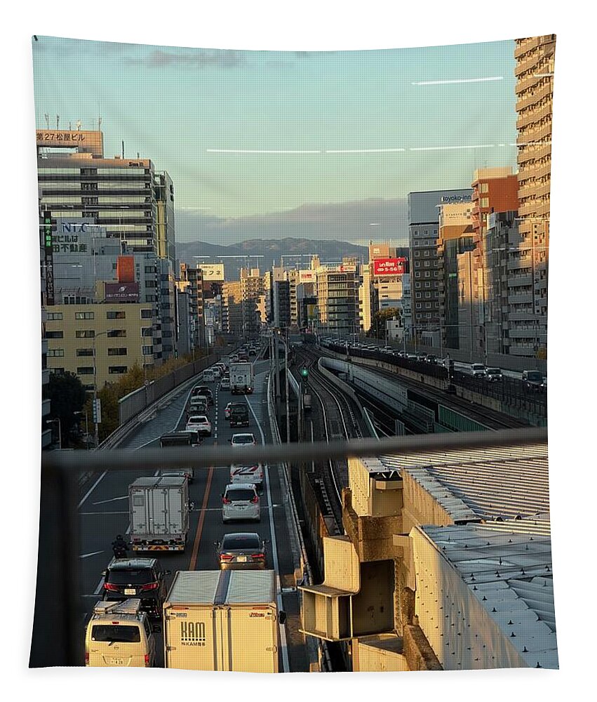 Urban Sunset Over Railway and Traffic - Tapestry
