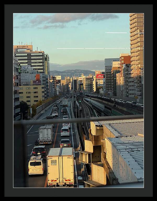 Urban Sunset Over Railway and Traffic - Framed Print
