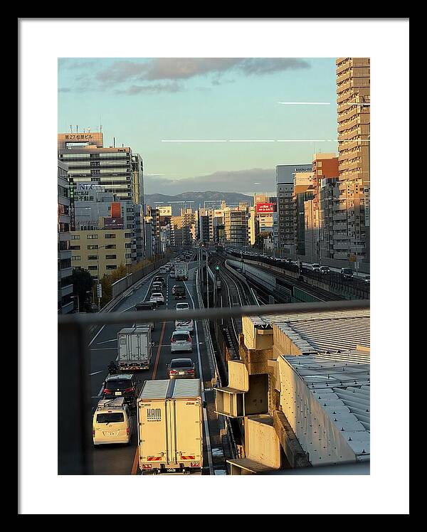 Urban Sunset Over Railway and Traffic - Framed Print