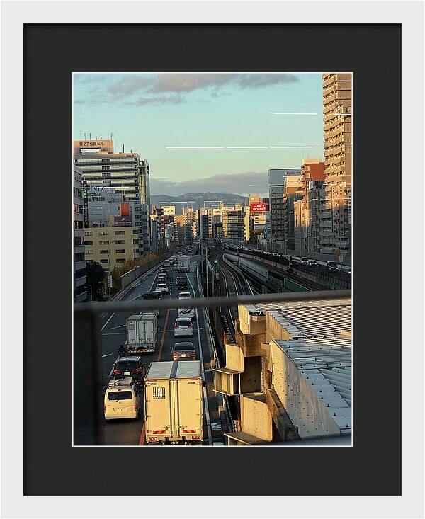 Urban Sunset Over Railway and Traffic - Framed Print