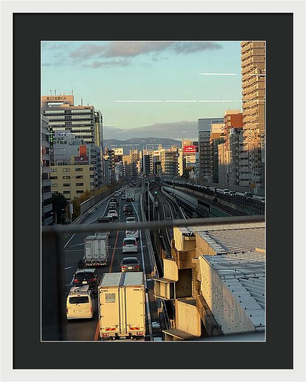 Urban Sunset Over Railway and Traffic - Framed Print