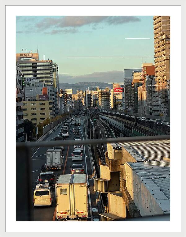 Urban Sunset Over Railway and Traffic - Framed Print