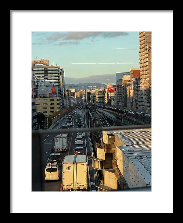 Urban Sunset Over Railway and Traffic - Framed Print