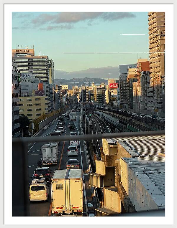 Urban Sunset Over Railway and Traffic - Framed Print