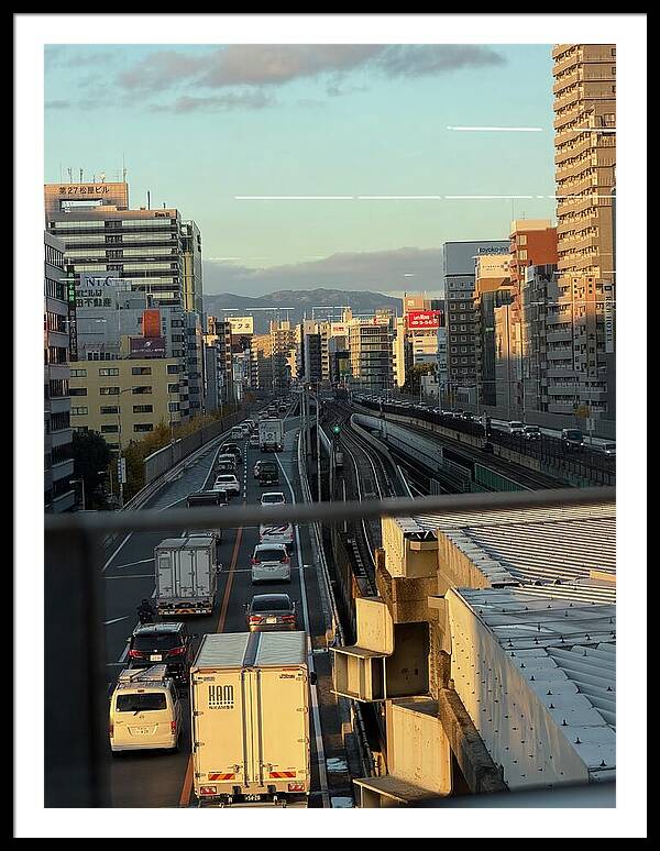Urban Sunset Over Railway and Traffic - Framed Print