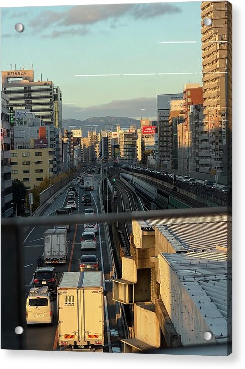 Urban Sunset Over Railway and Traffic - Acrylic Print