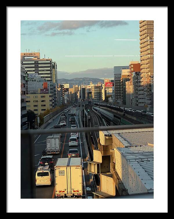 Urban Sunset Over Railway and Traffic - Framed Print