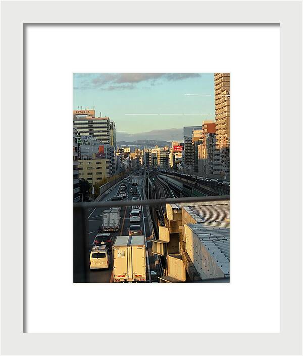 Urban Sunset Over Railway and Traffic - Framed Print