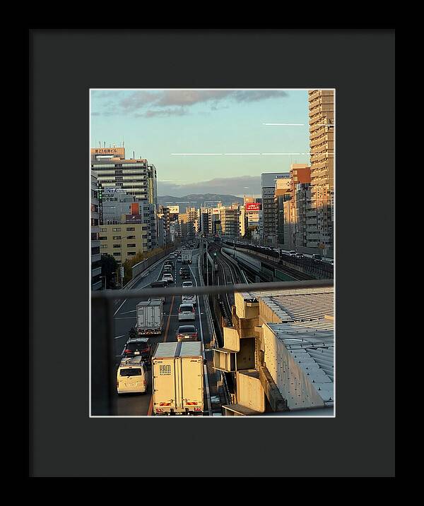 Urban Sunset Over Railway and Traffic - Framed Print