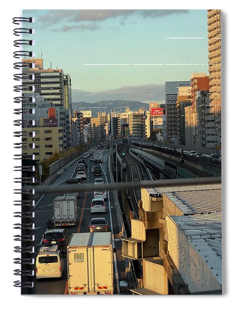 Urban Sunset Over Railway and Traffic - Spiral Notebook