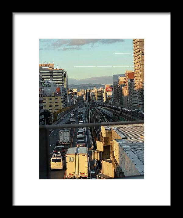 Urban Sunset Over Railway and Traffic - Framed Print