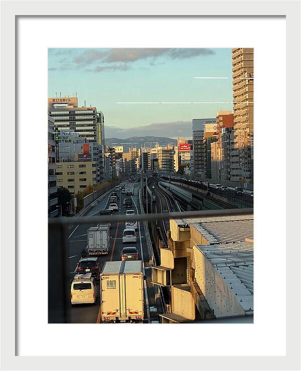 Urban Sunset Over Railway and Traffic - Framed Print