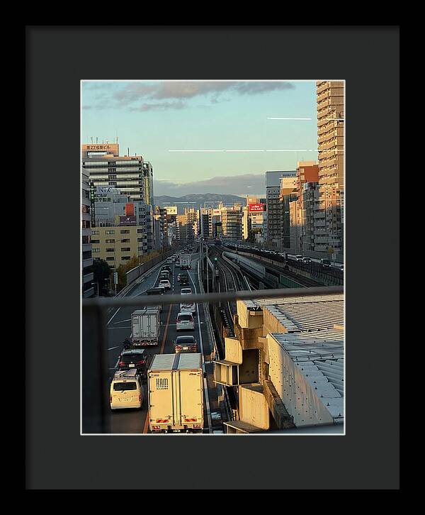 Urban Sunset Over Railway and Traffic - Framed Print