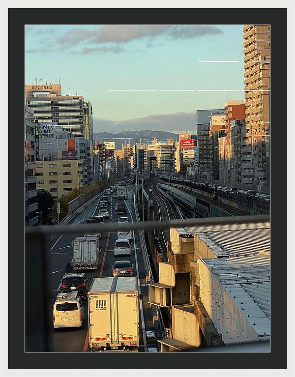 Urban Sunset Over Railway and Traffic - Framed Print