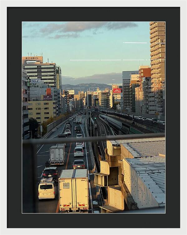 Urban Sunset Over Railway and Traffic - Framed Print