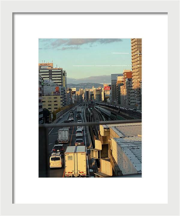 Urban Sunset Over Railway and Traffic - Framed Print