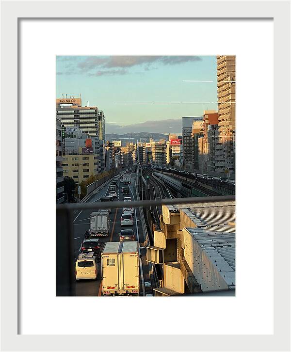 Urban Sunset Over Railway and Traffic - Framed Print