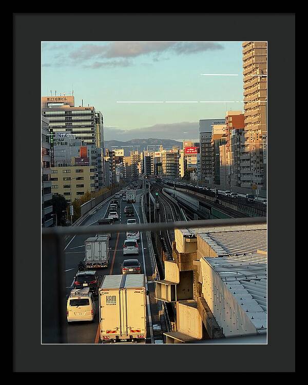 Urban Sunset Over Railway and Traffic - Framed Print