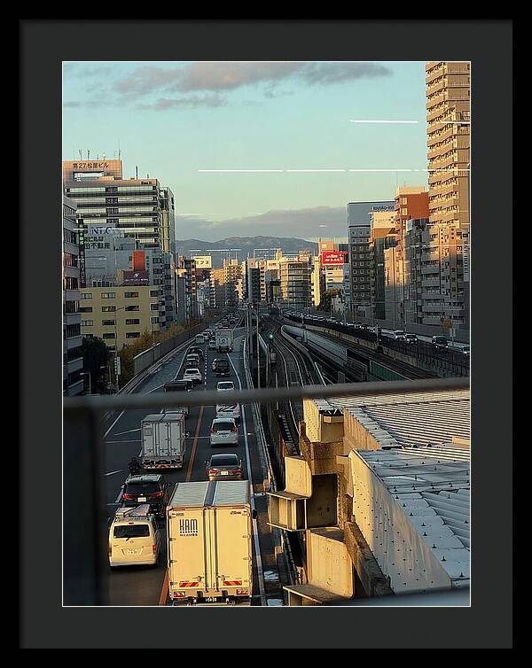 Urban Sunset Over Railway and Traffic - Framed Print
