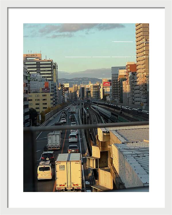 Urban Sunset Over Railway and Traffic - Framed Print