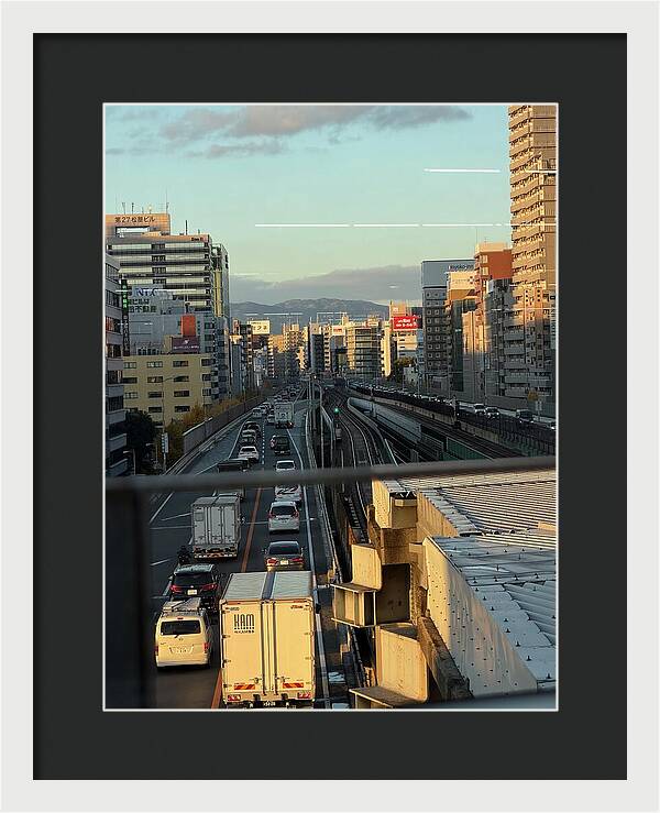 Urban Sunset Over Railway and Traffic - Framed Print