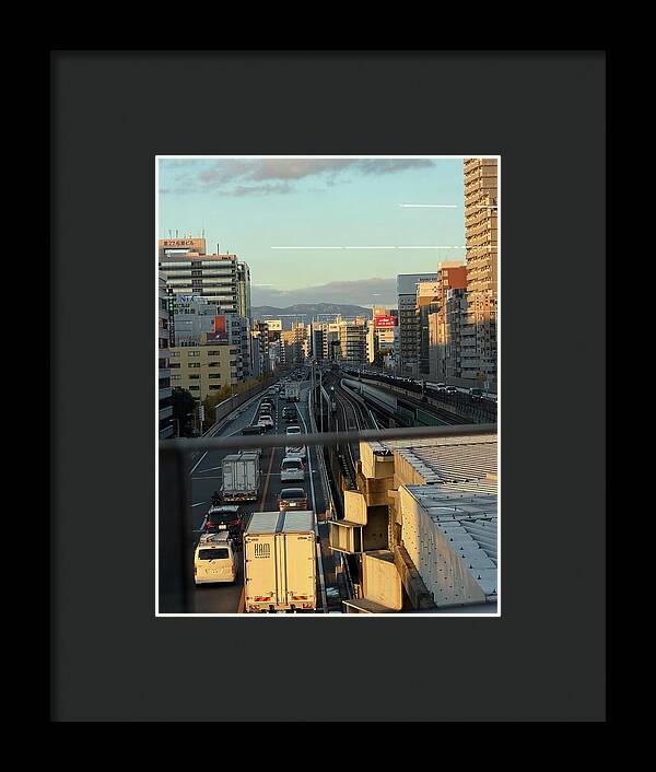 Urban Sunset Over Railway and Traffic - Framed Print