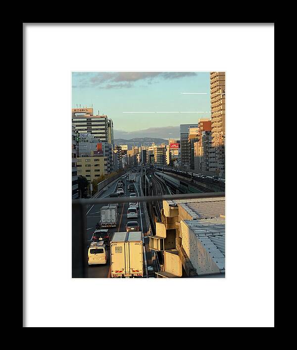 Urban Sunset Over Railway and Traffic - Framed Print