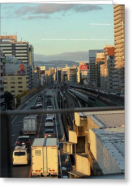 Urban Sunset Over Railway and Traffic - Greeting Card