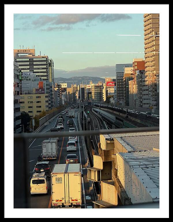 Urban Sunset Over Railway and Traffic - Framed Print