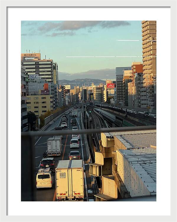 Urban Sunset Over Railway and Traffic - Framed Print