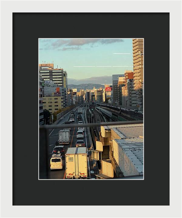Urban Sunset Over Railway and Traffic - Framed Print
