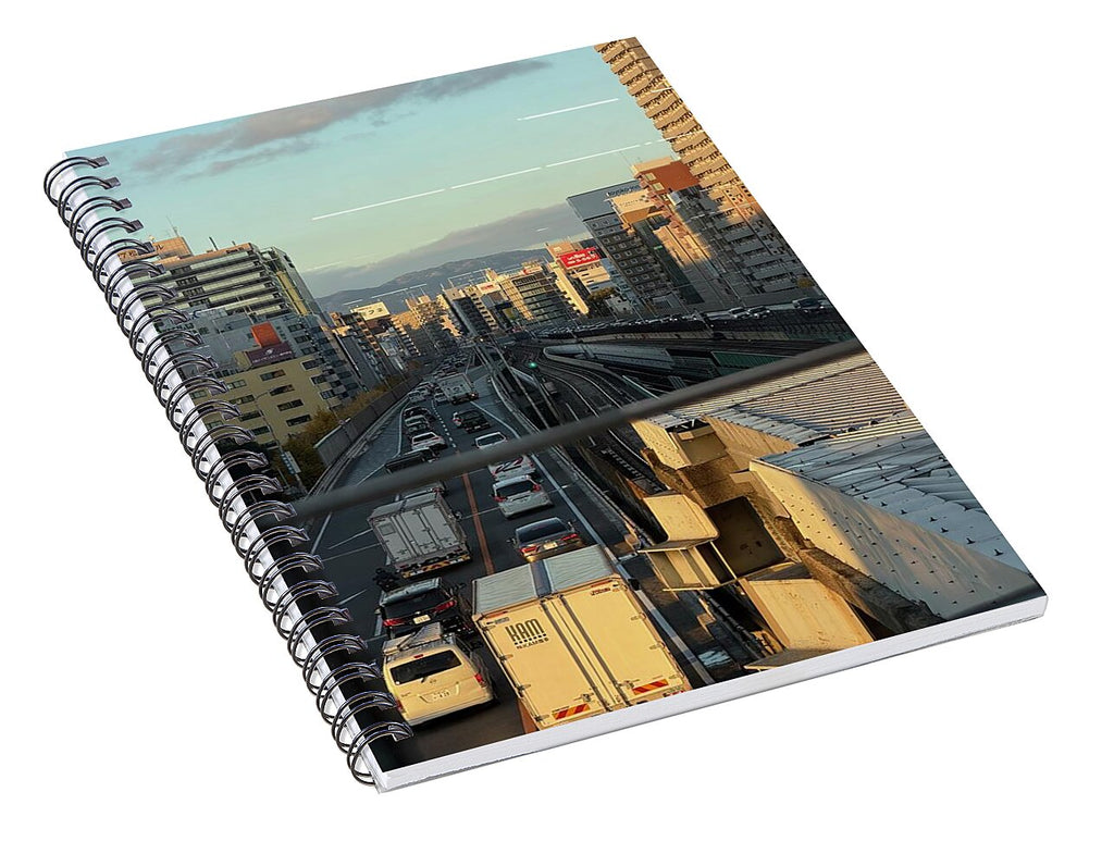 Urban Sunset Over Railway and Traffic - Spiral Notebook