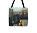 Urban Sunset Over Railway and Traffic - Tote Bag