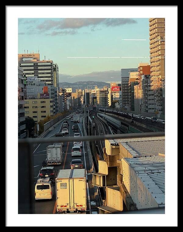 Urban Sunset Over Railway and Traffic - Framed Print
